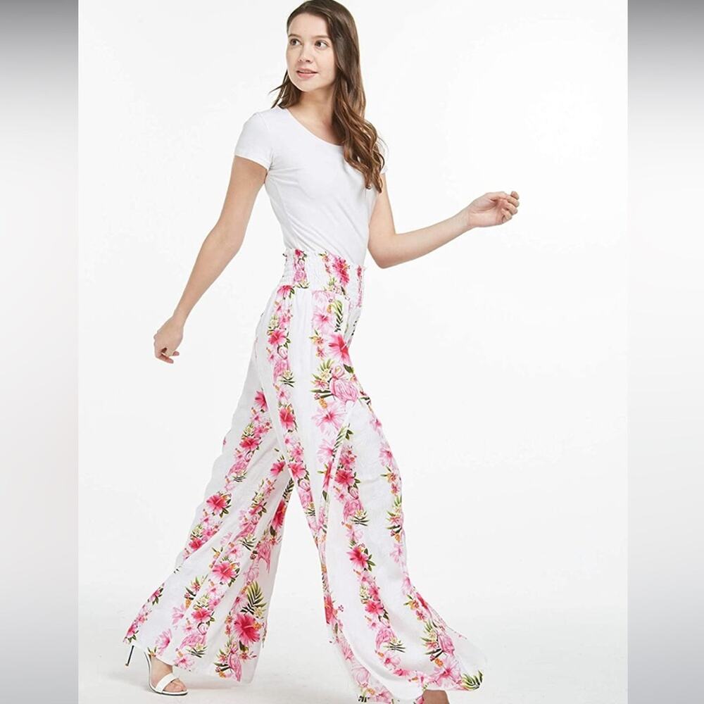Hawaii Hangover Lady High Slit Hibiscus Pink Floral Wide Leg Pants L/XL - Picture 8 of 10